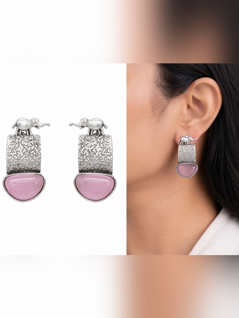 Stylish Silver Elephant Drop Earrings with Pink Stone